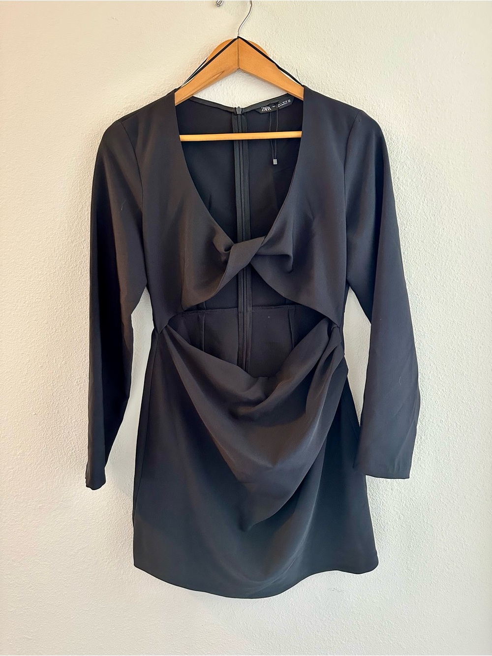 Zara Black Long-Sleeve Mini Dress Twisted Front Cut Out